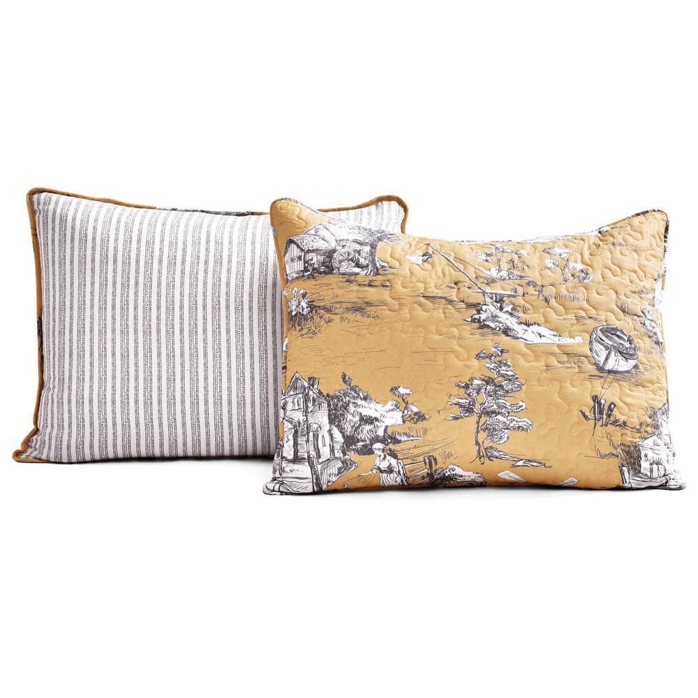 French Country Toile Yellow & White Cotton Full Quilt Set