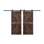 K Series 72 in. x 84 in. DIY Kona Coffee Finished Knotty Pine Wood Double Sliding Barn Door Slab with Hardware Kit