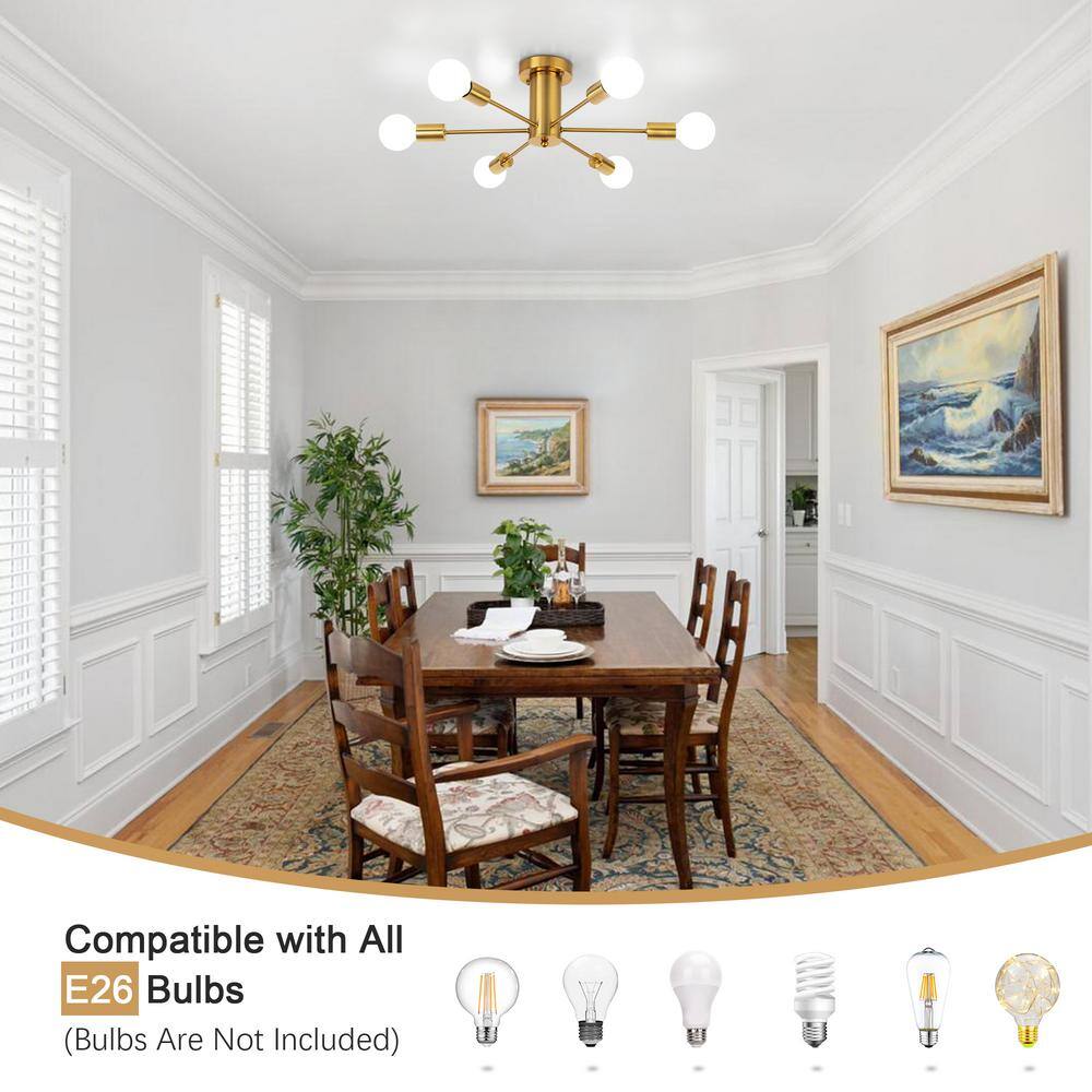 Gold 6-Light Sputnik Semi-Flush Mount Ceiling Fixture