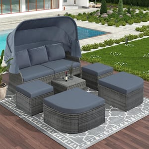 6-Piece Gray Wicker Outdoor Sectional Set Day Bed with Gray Cushions and Retractable Canopy