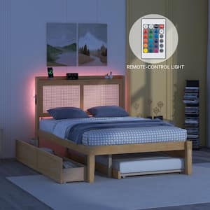 Rustic Walnut (Brown) Wood Frame Full Platform Bed with 2-Drawer, Rattan Headboard, Trundle, USB Sockets, LED Lighting
