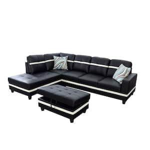 74.5in. W Square Arm 3-Piece Faux Leather L Shaped Sectional Sofa in Black with Ottoman