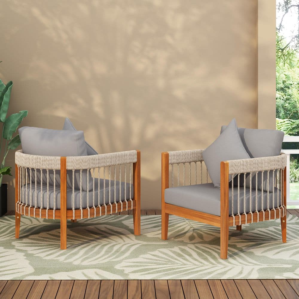 Francisco Natural Finish Wood and Woven Rope Patio Outdoor Lounge Chair with Grey Cushions, Pillows, Set of 2