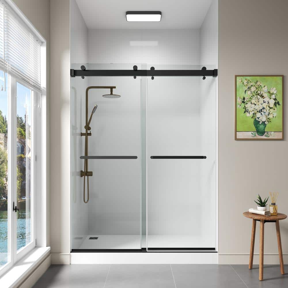 Oceanus 59" Matte Black Frameless Sliding Shower Door with Clear Glass