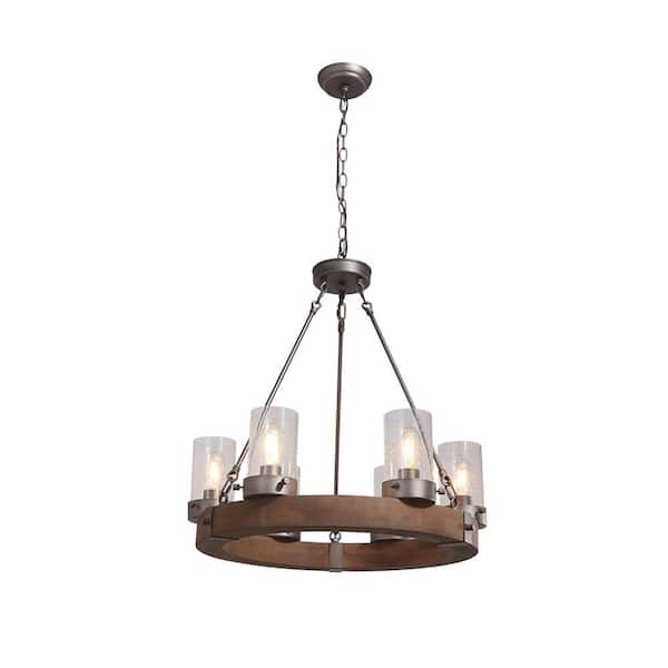 Y'INSP 6 Light Antiqued Silver and Aged Wood Farmhouse Rustic Wagon Wheel Chandelier for Kitchen Island with Seedy Glass Shades