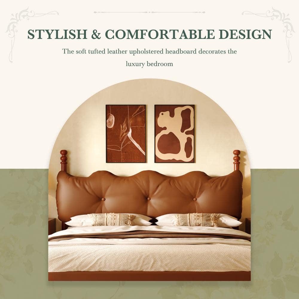California King Coffee Faux Leather Upholstered Bed with Tufted Headboard