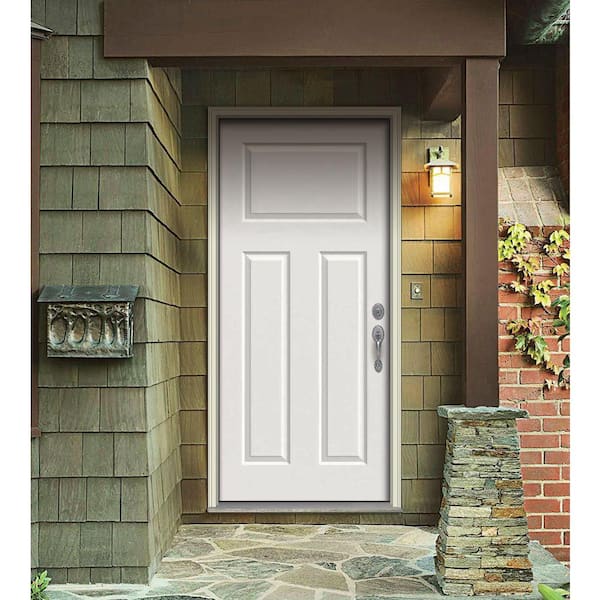 36 in. x 80 in. 3-Panel Craftsman White Painted Steel Prehung Left-Hand Inswing Front Door w/Brickmould
