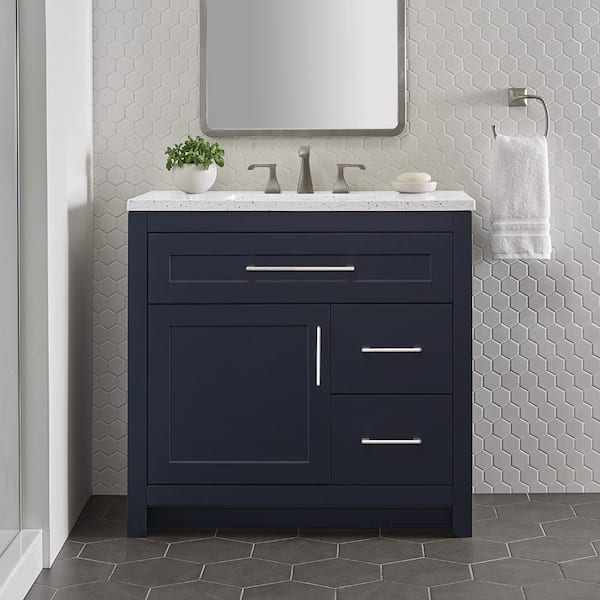 Home Decorators Collection Clady 37 in. W x 19 in. D x 35 in. H Single Sink Bath Vanity in Deep Blue with Silver Ash Cultured Marble Top