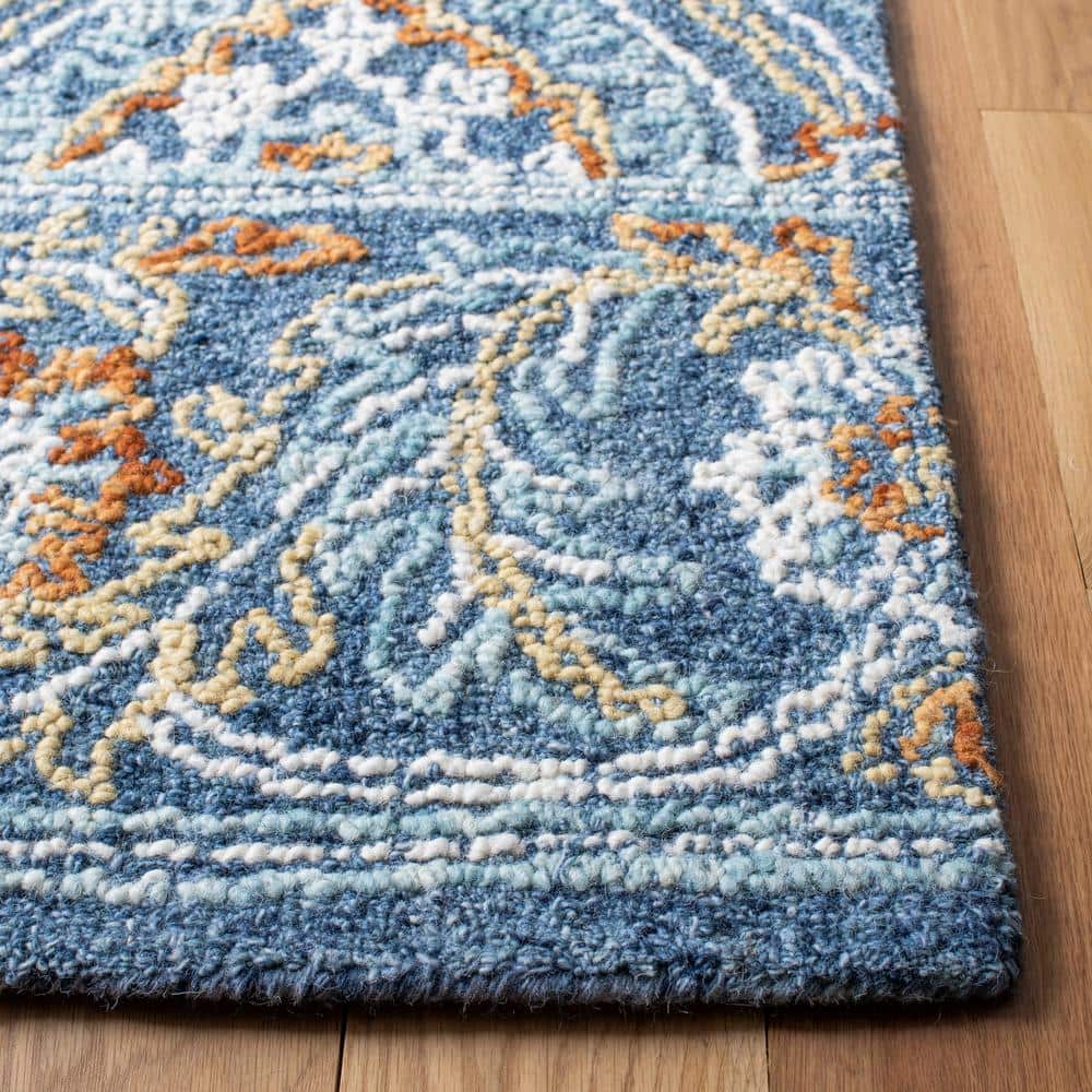 Handmade Navy and Yellow Floral Wool Runner Rug