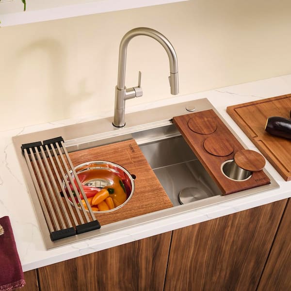 Dual Tier 33 in. Drop-in Single Bowl 16-Gauge Stainless Steel Two-Tiered Workstation Kitchen Sink with Accessories