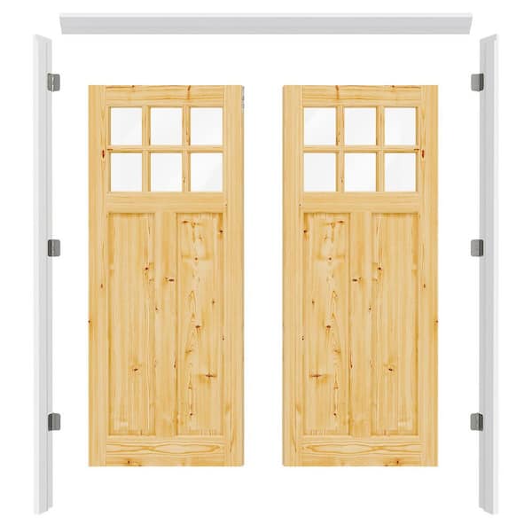 64 in. x 80 in. 6-Lite Clear Glass Pine Wood Prehung Double Front Exterior Door with Quick Assemble Jamb and Flush bolts
