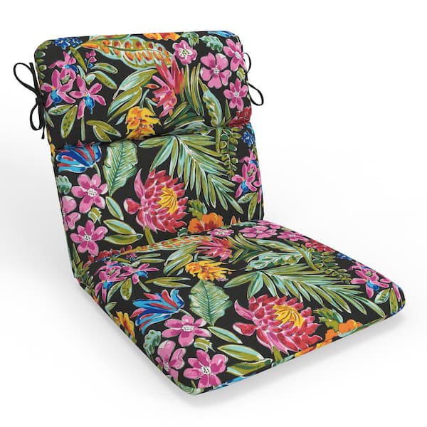 Pillow Perfect Tropic Floral 18 in W x 3 in H Outdoor 1-Piece Split Back Dining Chair Cushion Set /w Ties 1-Count in Island Black