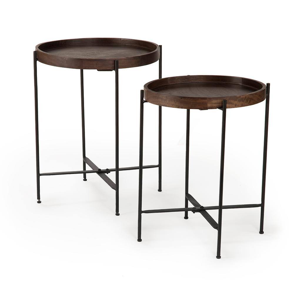 Set of 2 Round Black and Brown Mango Wood Accent Tables