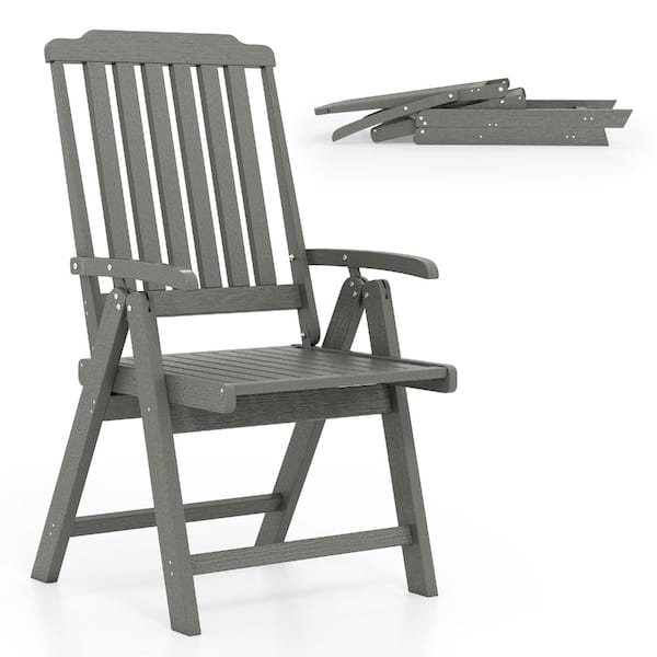 Foldable Patio Chair All-Weather HDPE Outdoor Dining Chair with Armrests Wood-Look Finish Gray