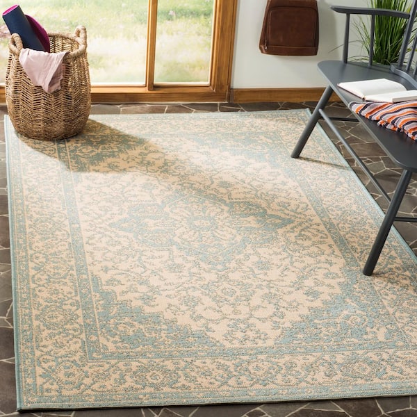 Linden Cream/Aqua 7 ft. x 7 ft. Square Antique Medallion Border Area Rug