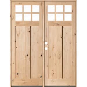72 in. x 96 in. Craftsman Knotty Alder 6-Lite Clear Glass Unfinished Wood Right Active Inswing Double Prehung Front Door
