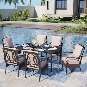 7-Piece Metal Patio Outdoor Dining Set with Black Rectangle Table and Chairs with Beige Cushions