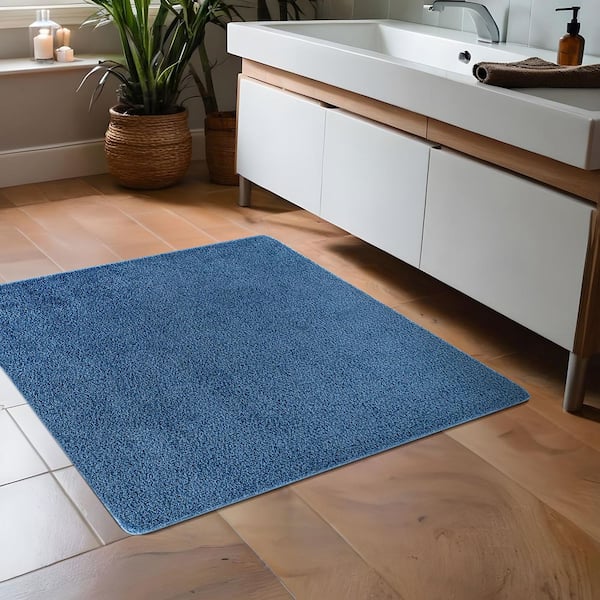 3 ft. x 3 ft. Blue Silky Solid Plus Thick Pile Non Slip Easy Clean Non Shedding Modern Landing Mat Indoor Area Rug
