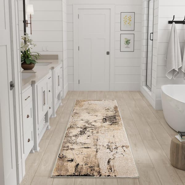 Washable Decor Mocha 2 ft. x 6 ft. Abstract Contemporary Runner Area Rug