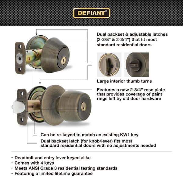 Defiant Brandywine Antique Brass Keyed Alike Knob Combo Pack with