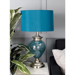 28 in. Blue Glass Task and Reading Table Lamp with Drum Shade