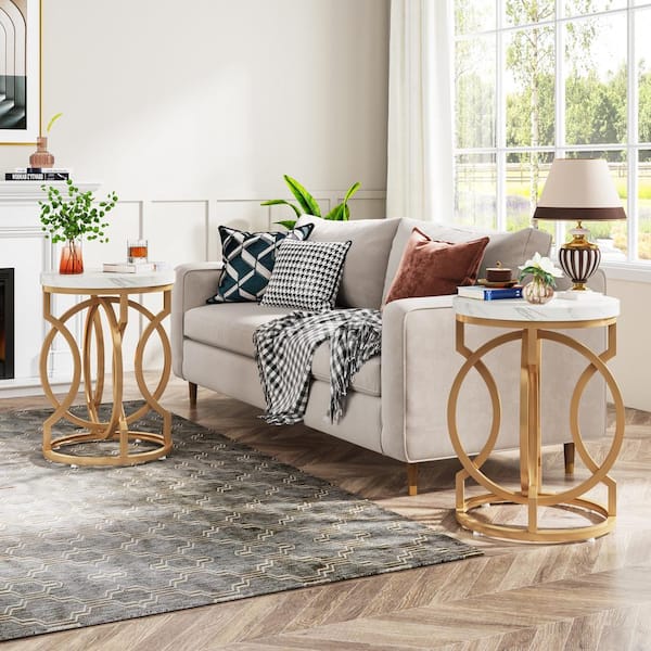 TRIBESIGNS WAY TO ORIGIN Calvin 19.69'' White Gold Round Coffee End Side Table Set of 2 Faux Marble Bedside Nightstand Ring-Shape Pedestal 2 pcs