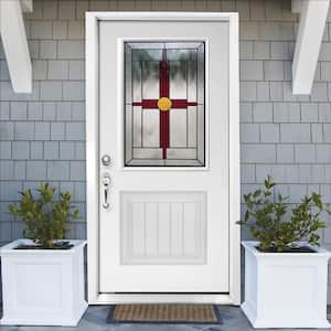 Element 36 in. x 80 in. Right-Hand Inswing 1/2 Lite Plank Zia Decorative Glass White Primed Steel Front Door Slab
