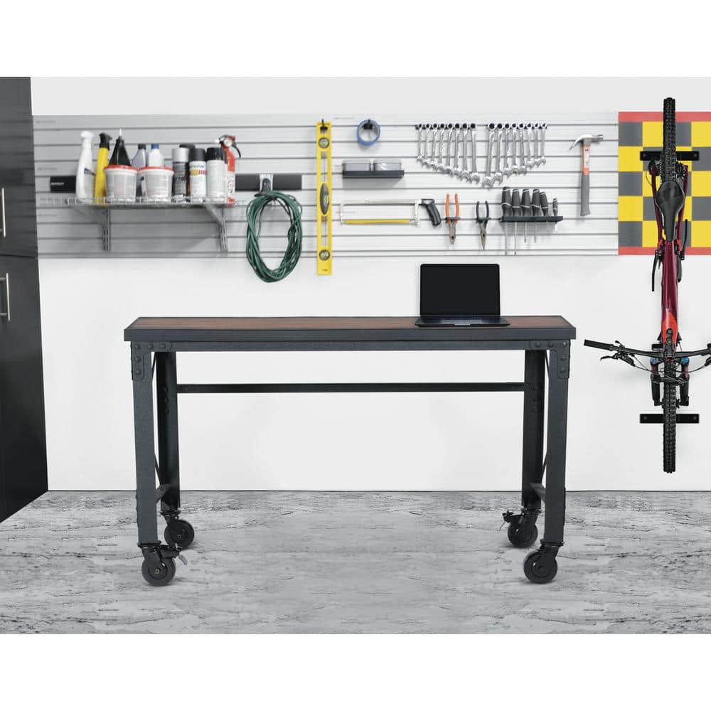 Dark Brown Wood and Metal Industrial Desk with Casters