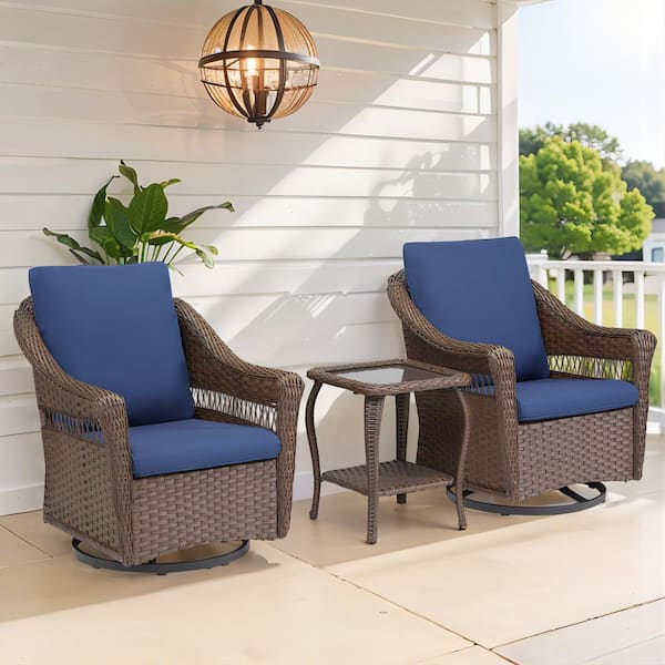 3-Piece Wicker Patio Conversation Seating Set with Blue Cushions