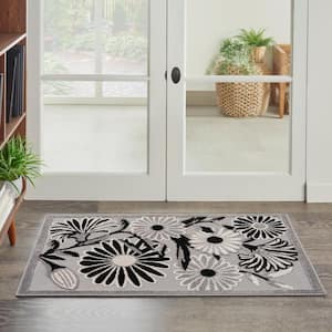 Aloha Black White 3 ft. x 4 ft. Wild Flower Botanical Contemporary Indoor/Outdoor Area Rug