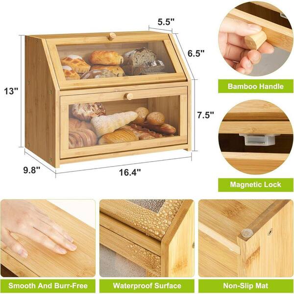 Lynzavix Double Layer Bamboo Bread Box Extra Large Capacity
