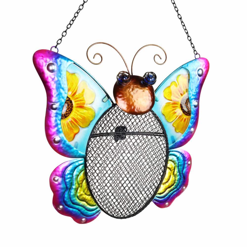 Colorful Hand-Painted Metal Butterfly Hanging Bird Feeder