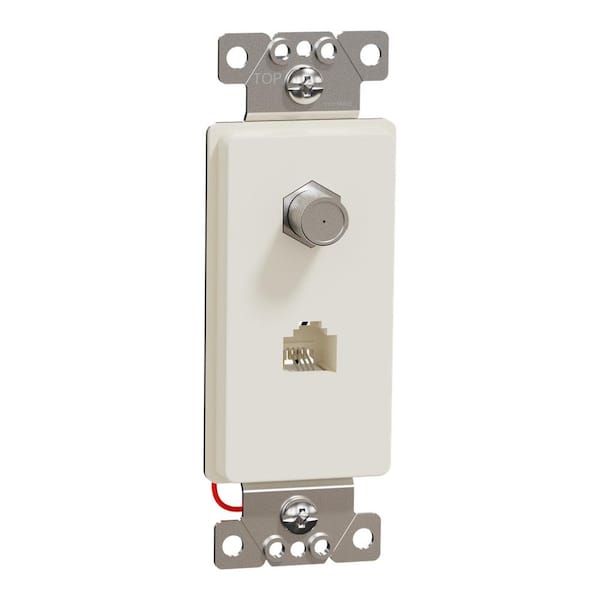 X Series 1-Gang Standard Combination RJ 11 Telephone Jack CATV F Coupler Decorator Strap Metal Wall Plate Matte Almond