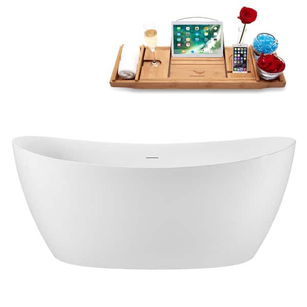 68.5 in. x 33 in. Acrylic Freestanding Soaking Bathtub in Glossy White with Matte Black Drain, Bamboo Tray