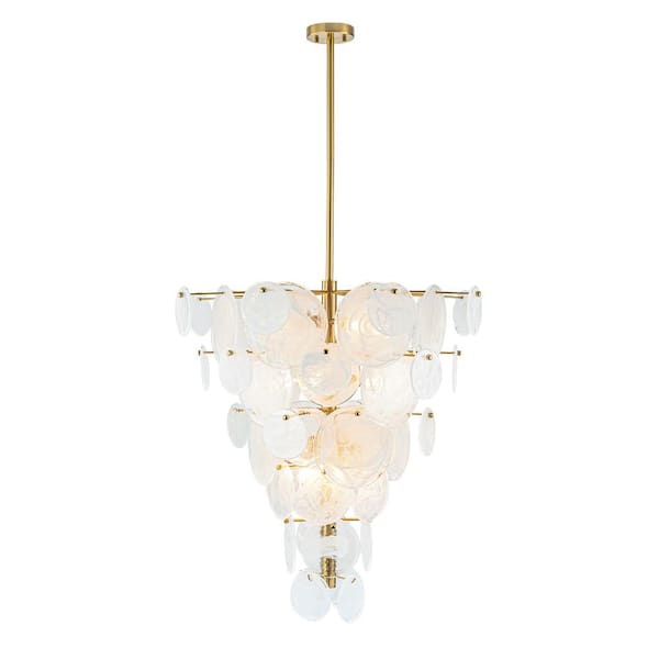 12-Light Brass Modern Tiered Cone-Shape Chandelier for Bedroom with White Strie Glass, No Bulbs Included
