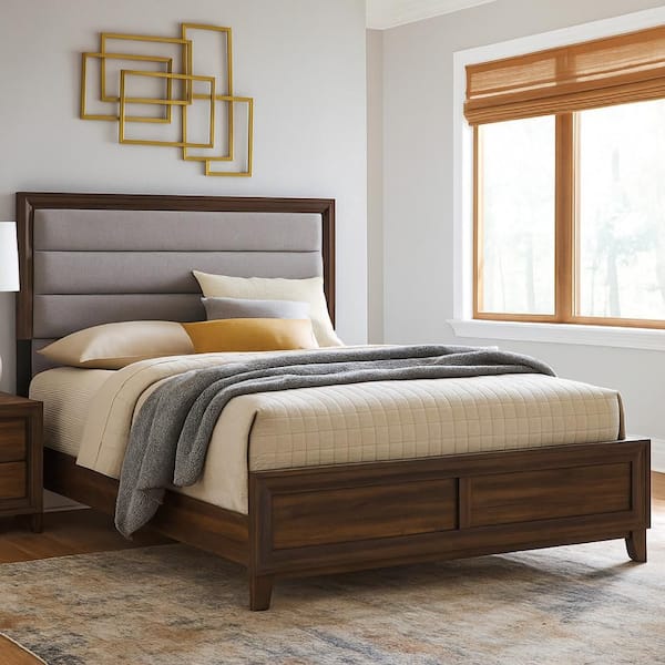 Yels Brown Wood Frame King Size Platform Bed with Headboard and Footboard