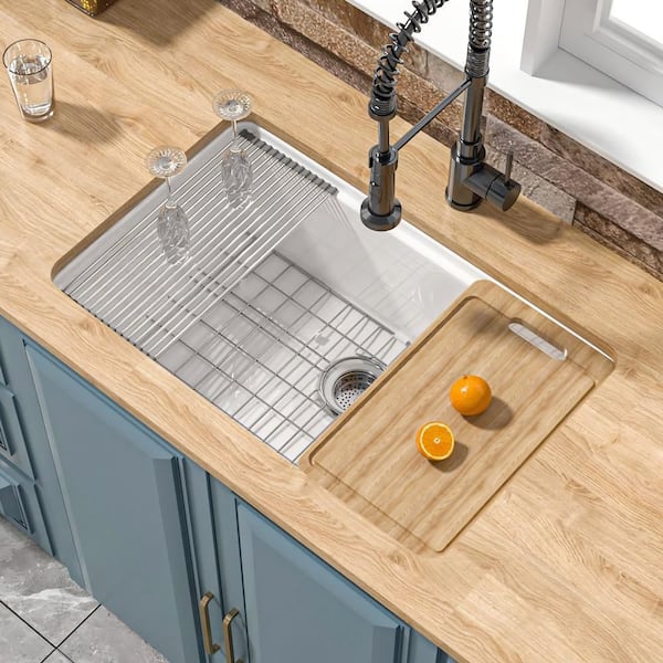 HOMLYLINK Workstation Kitchen Sink 30 x 19 in. Drop-In Single Bowl White Fireclay Kitchen Sink with Cutting-Board Bottom Grid