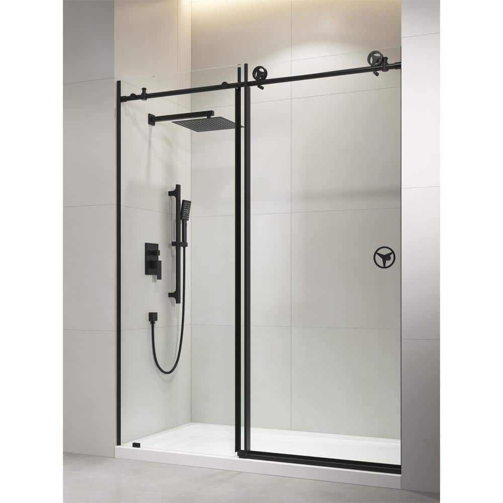60-Inch Matte Black Frameless Sliding Shower Door with Clear Glass