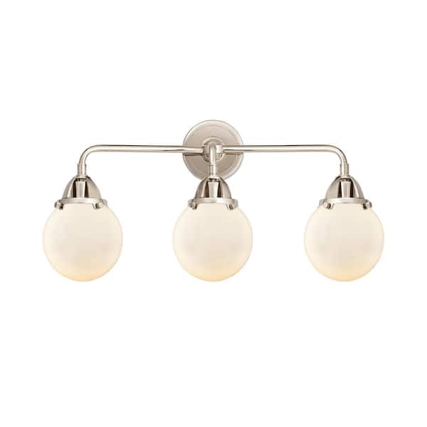 Beacon 24 in. 3-Light Polished Nickel, Matte White Vanity Light with White Glass Shade