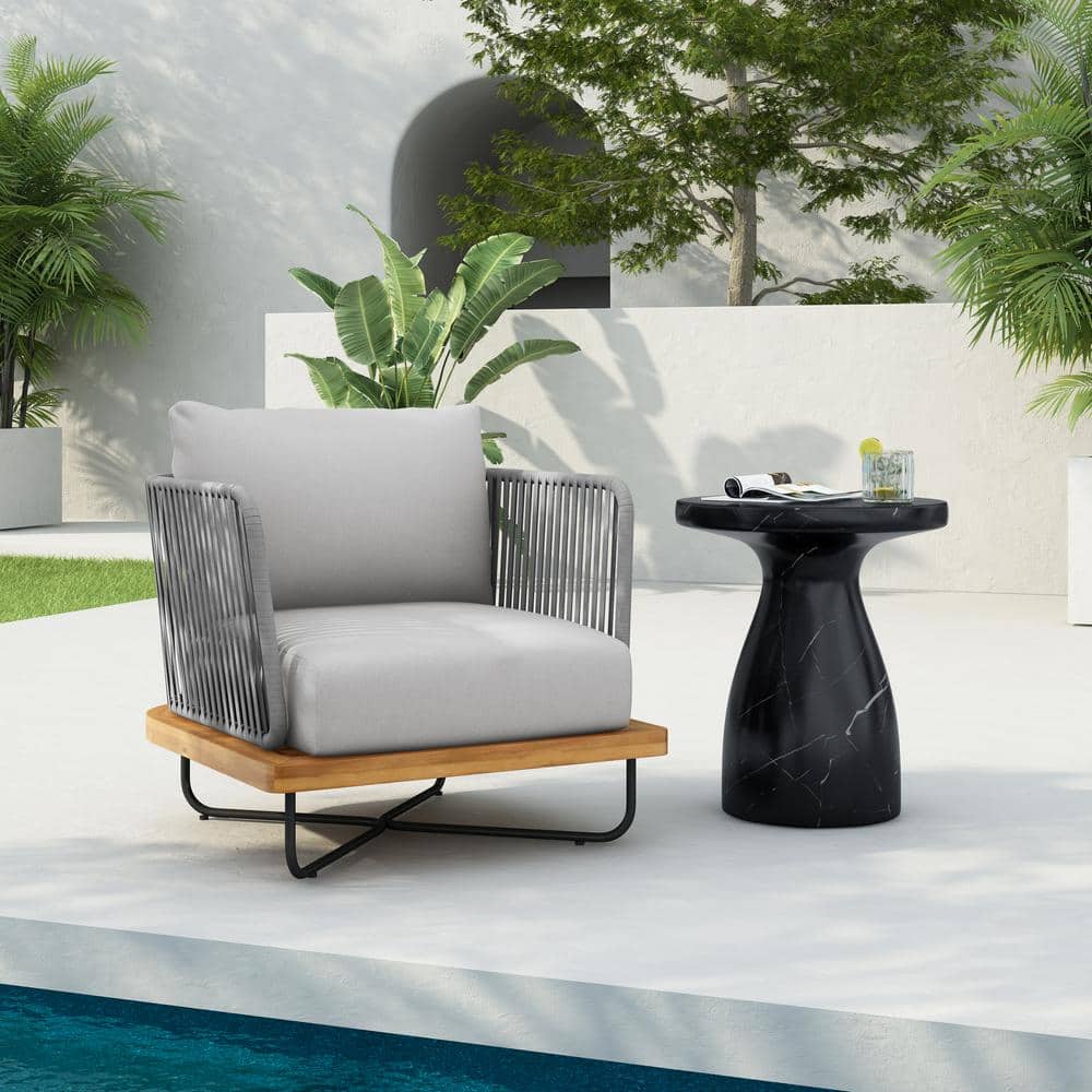 Cassants Upholstered Outdoor Patio Club Lounge Chair with Iron Base, Acacia Wood, Light Grey