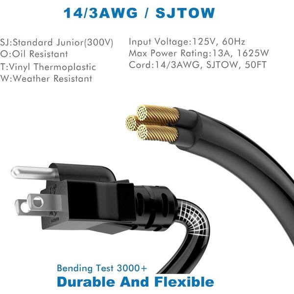 50 ft. 14/3 Sjtow 13 Amp Retractable Extension Cord Reel with 3 Grounded Outlets and Lighted Triple Tap