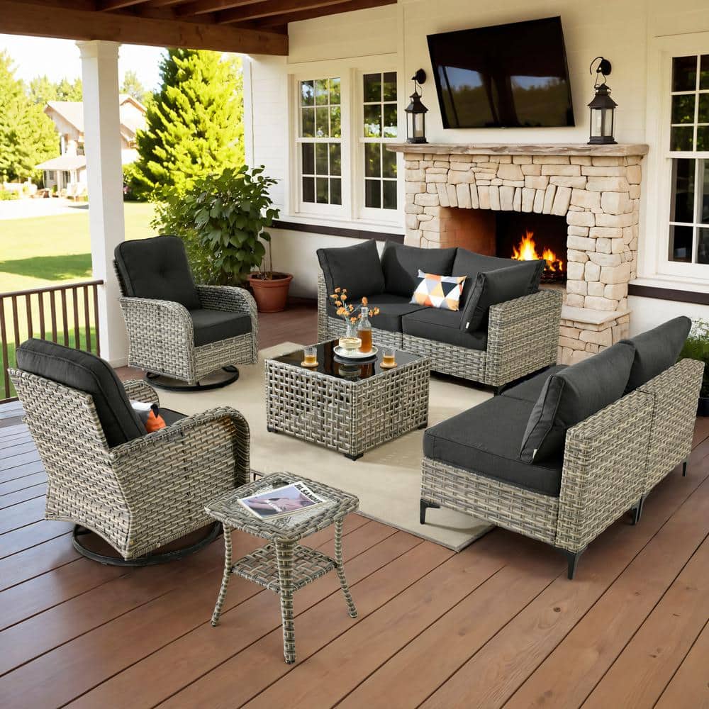 Holston 8-Piece Wicker Modern Outdoor Patio Conversation Sofa Sectional Set with Swivel Chairs and Black Cushions price history on PriceWatchPro