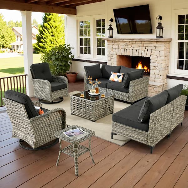 Holston 8-Piece Wicker Modern Outdoor Patio Conversation Sofa Sectional Set with Swivel Chairs and Black Cushions