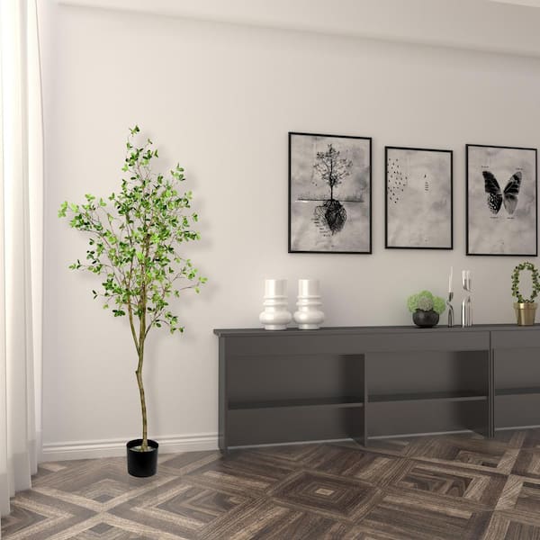 Vickerman 72 in. Artificial Potted Milan Leaf Tree in Black Planters Pot