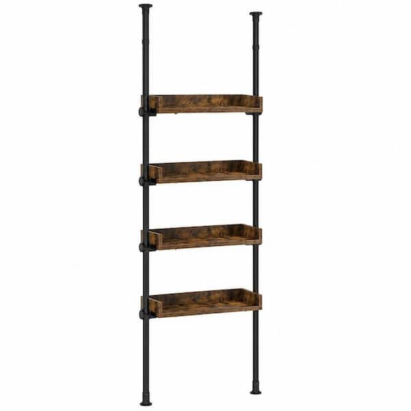 4-Tier Over The Toilet Bathroom Organizer, Adjustable Wood Shelves, 92 to 116 in. Tall, Narrow Cabinet, Rustic Brown