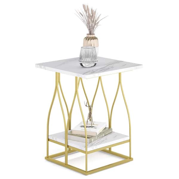 BYBLIGHT Kerlin 19.68 in. White and Gold Square Wood End Table, 2-Tier Side Table with Storage Shelf for Small Spaces