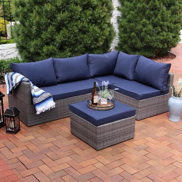 Sunnydaze Port Antonio Gray 4-Piece Metal Patio Sectional Seating Set with Dark Blue Cushions