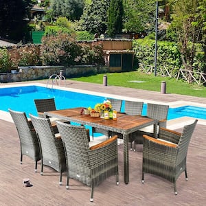 9-Piece Wicker Outdoor Dining Set with Cushion Beige Patio Acacia Wood and Rattan Furniture Set