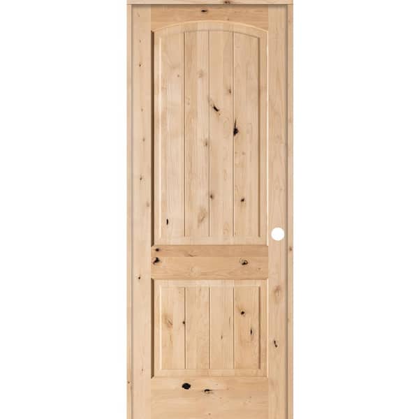 Krosswood Doors 28 in. x 96 in. Knotty Alder 2 Panel Top Rail Arch V-Groove Solid Wood Left-Hand Single Prehung Interior Door