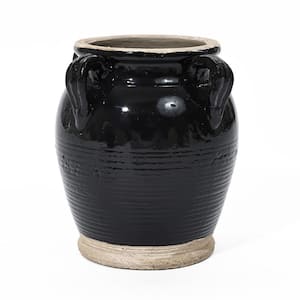 9.4 in. Black Jug Round Terracotta Vase with Two Handles